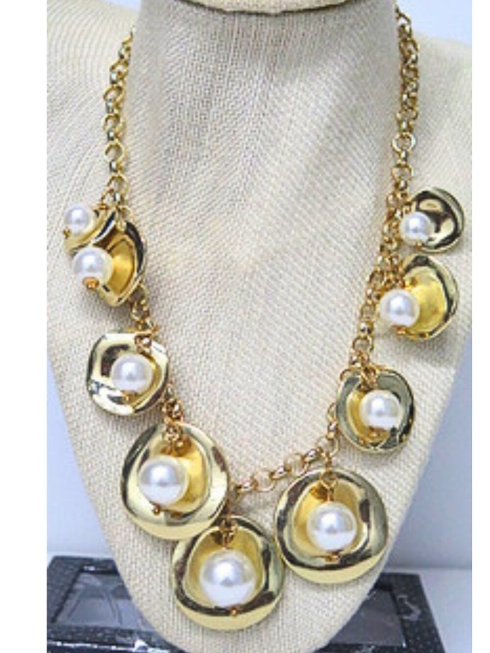 Gold Tone Faux Pearl Statement Necklace